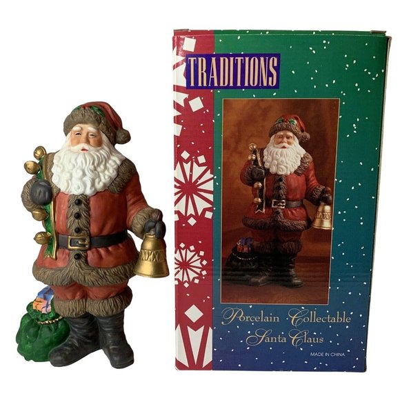 Traditions Christmas Porcelain Santa Claus Figurine Holding Bells Bag of Toys - Picture 1 of 12